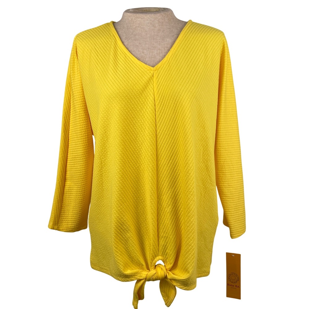 Ruby Rd. Yellow Quilted Textured V Neck Tie Front Long Sleeve Top Women M